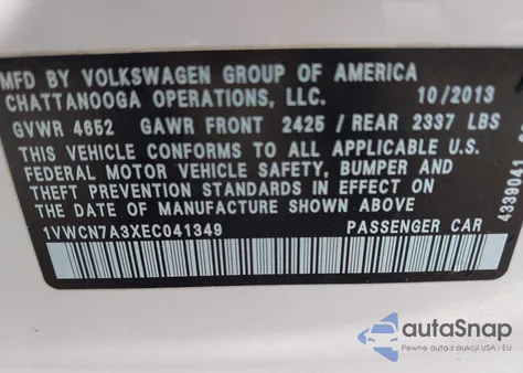 2014 Volkswagen Passat 2.0L Tdi Sel Premium z USA, uszkodzony, nr VIN 1VWCN7A3XEC041349